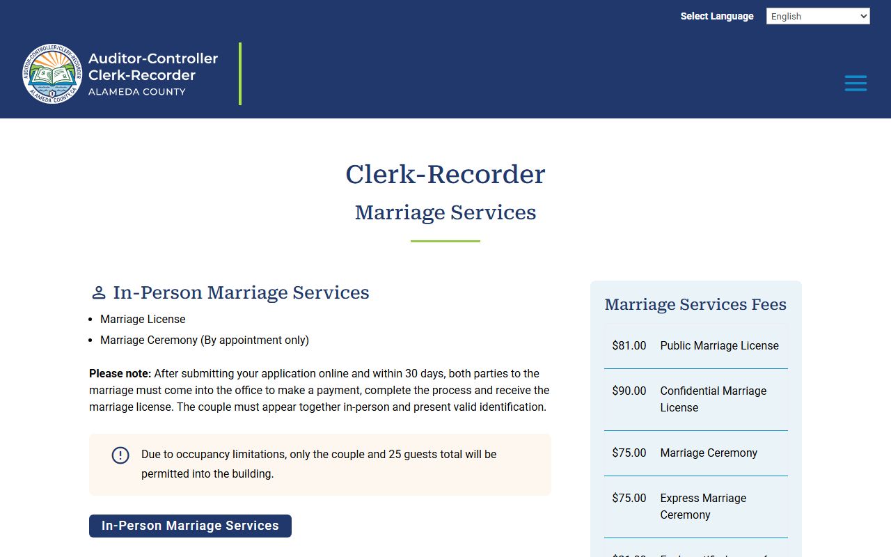 Alameda County Auditor-Controller-Clerk-Recorder marriage services page