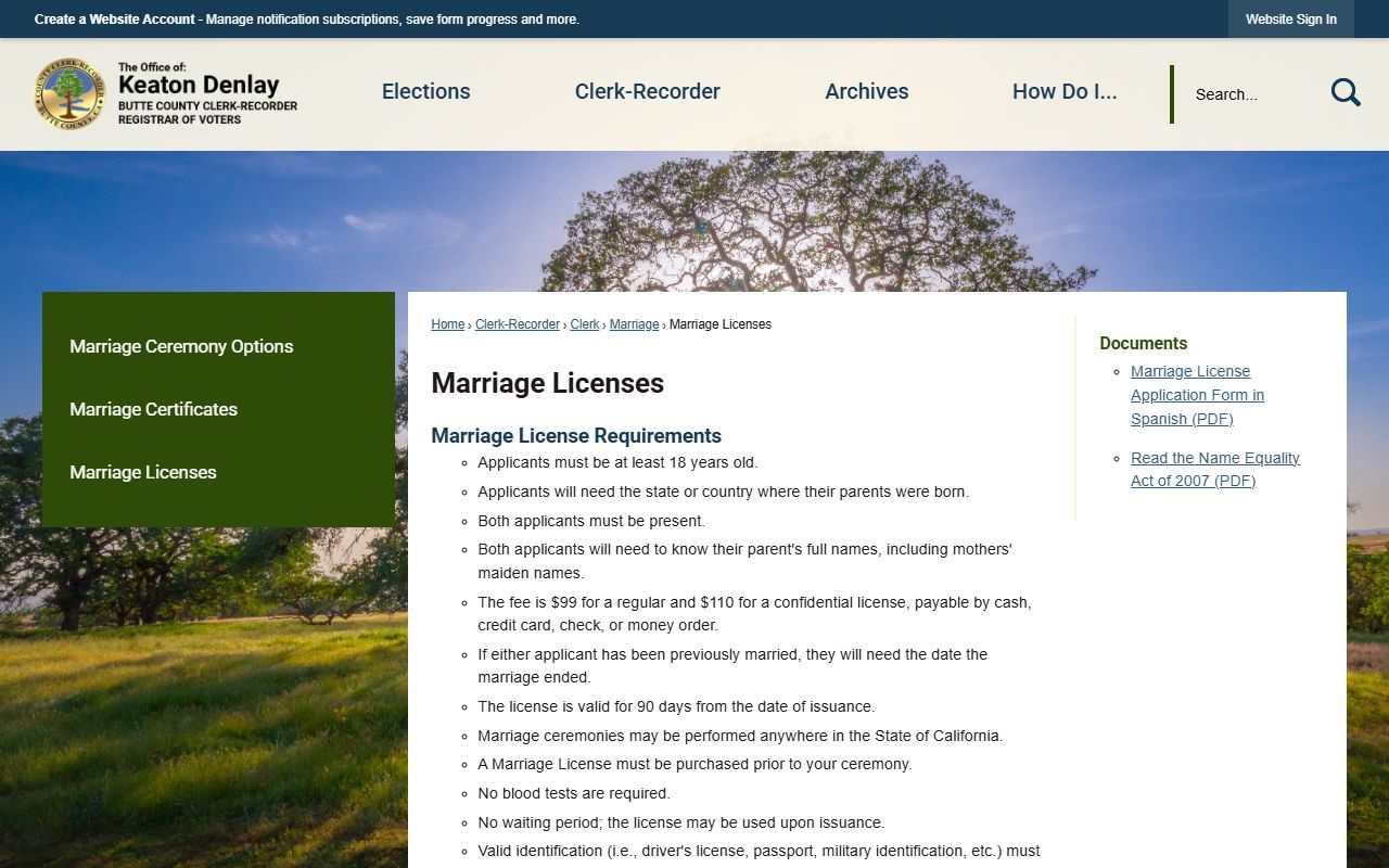Butte County Clerk-Recorder marriage license information page