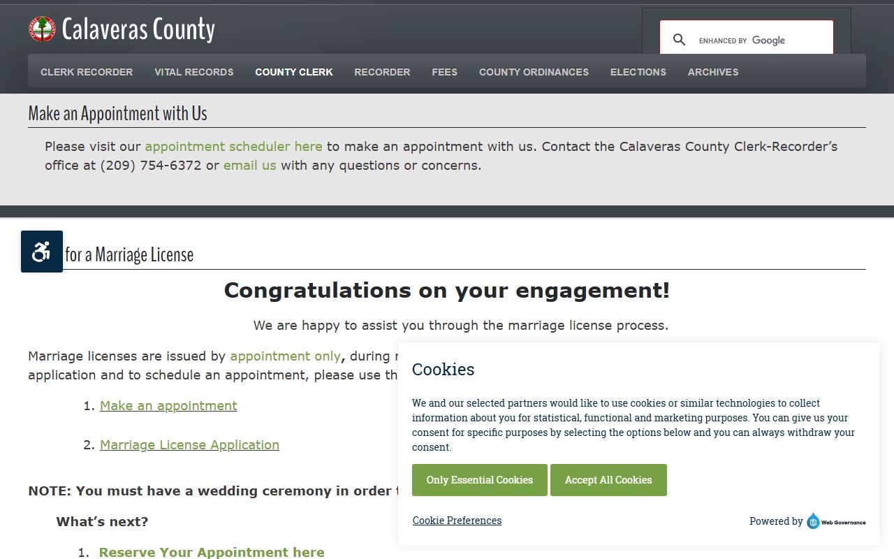 Calaveras County Clerk-Recorder marriage license information and requirements page