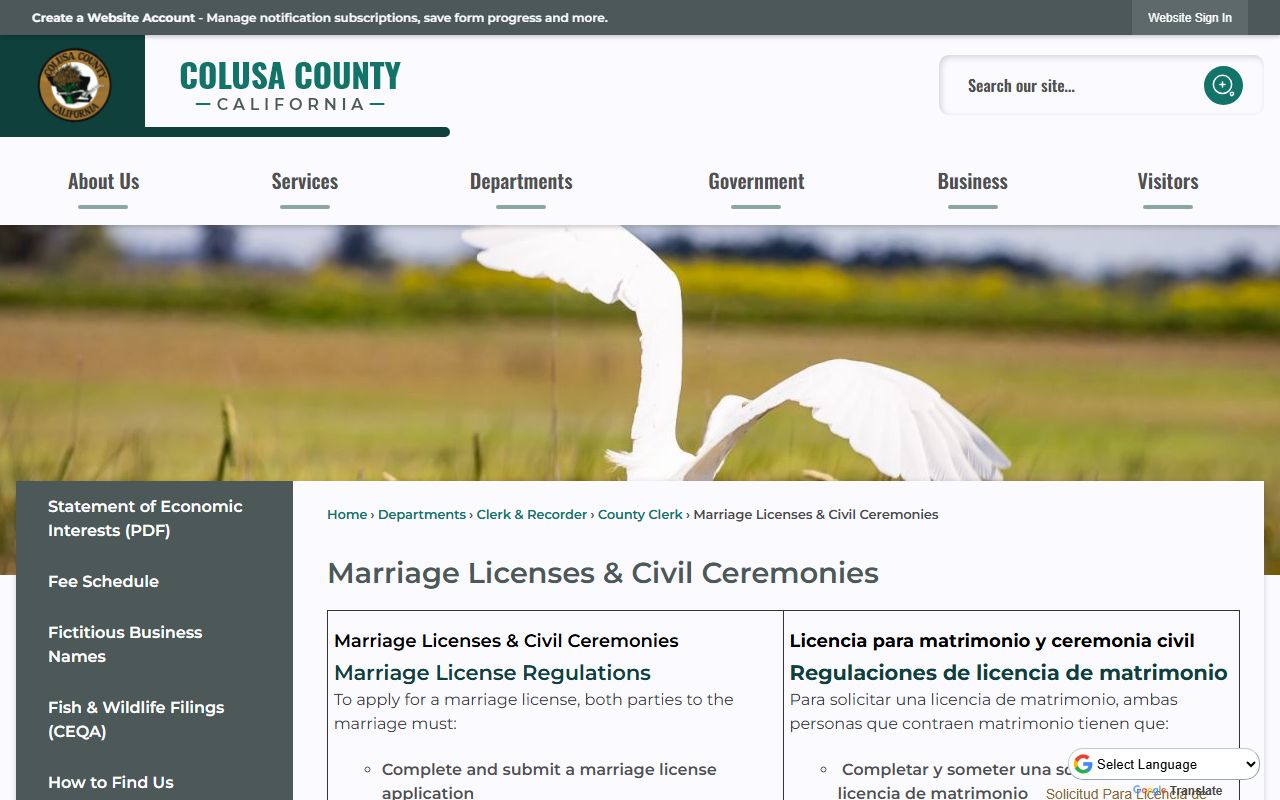 Colusa County Clerk marriage license information page
