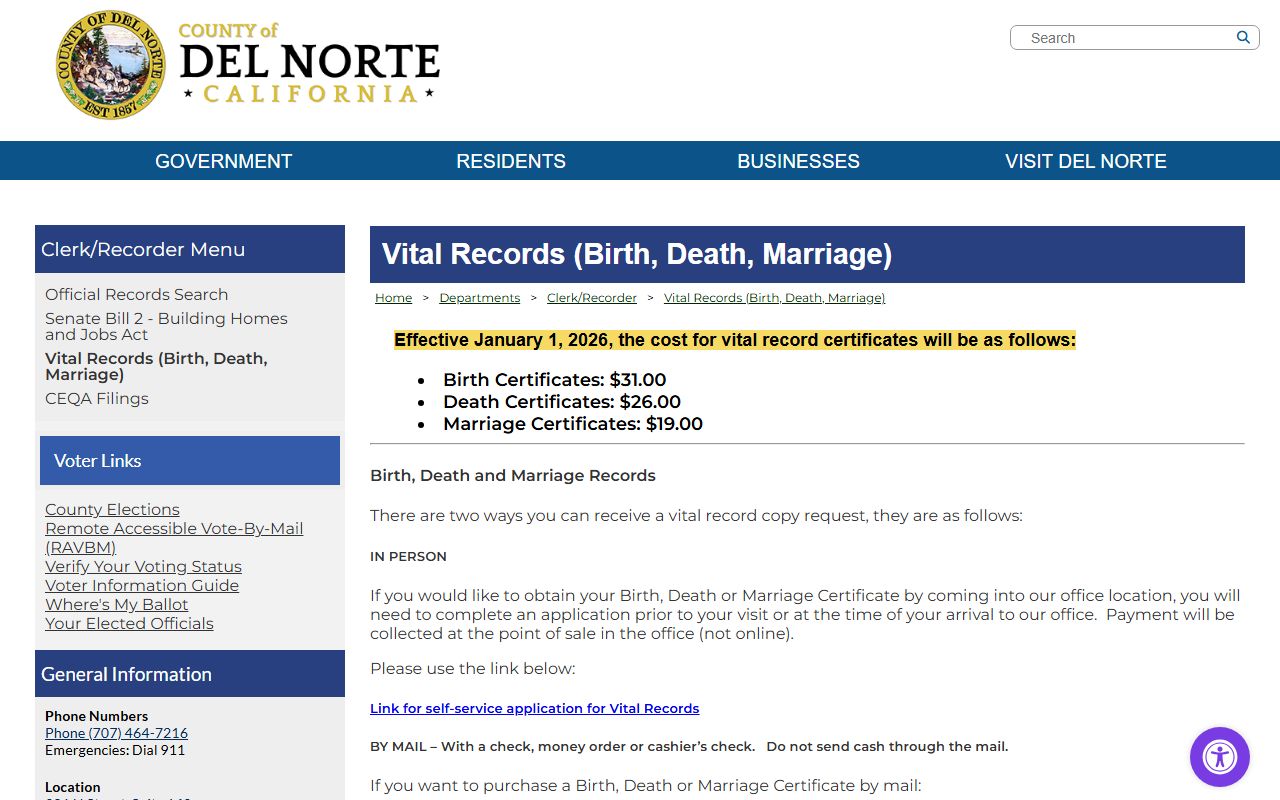 Del Norte County Clerk vital records information page