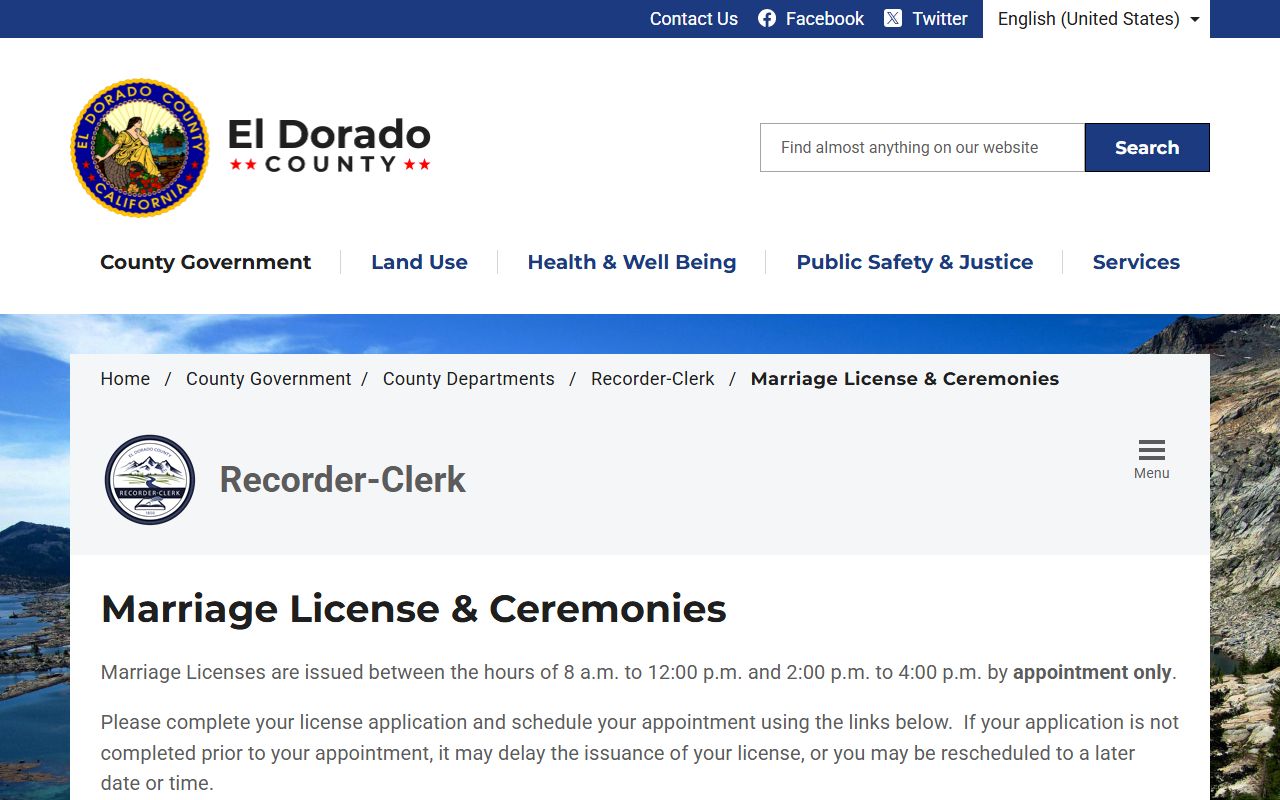 El Dorado County Clerk marriage license information page