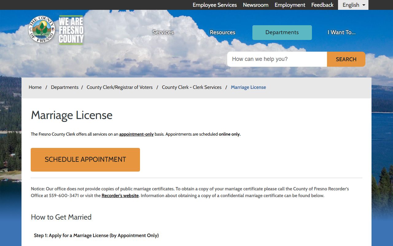 Fresno County Clerk marriage license page