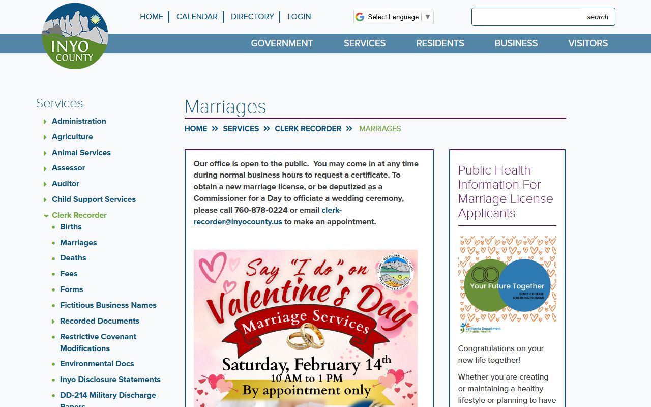 Inyo County Clerk-Recorder marriages information page with license details