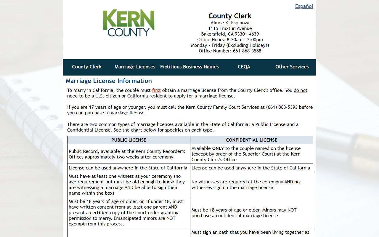 Kern County Clerk marriage information page