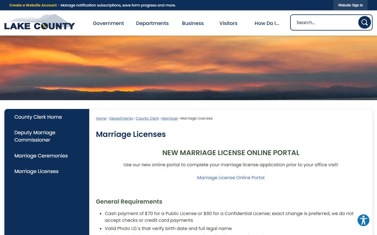 Lake County Clerk marriage license information page