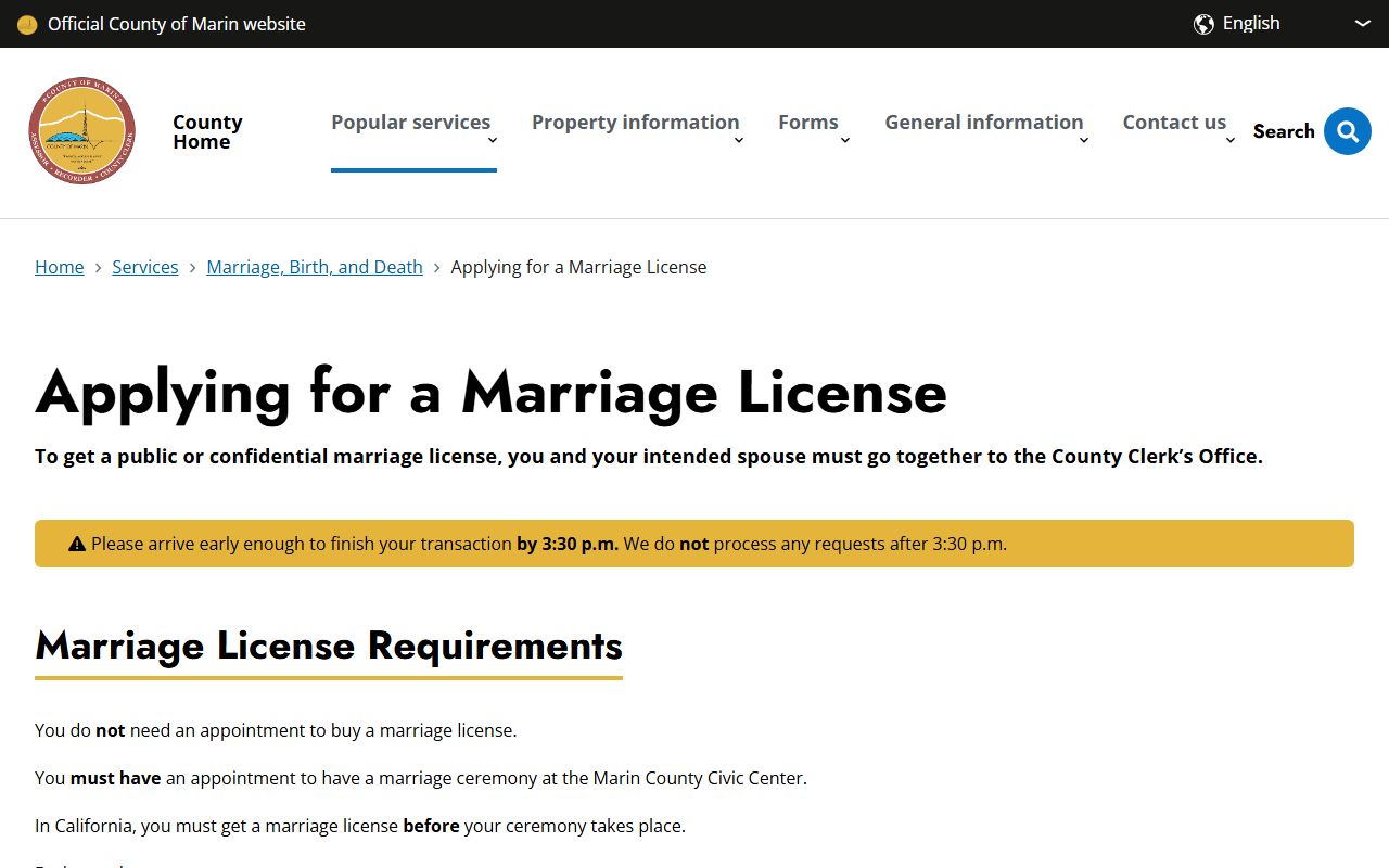 Marin County Clerk marriage license application information page
