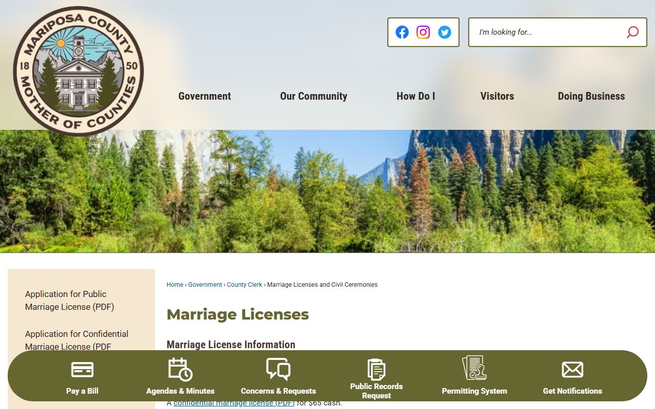 Mariposa County Clerk marriage license and civil ceremony information page