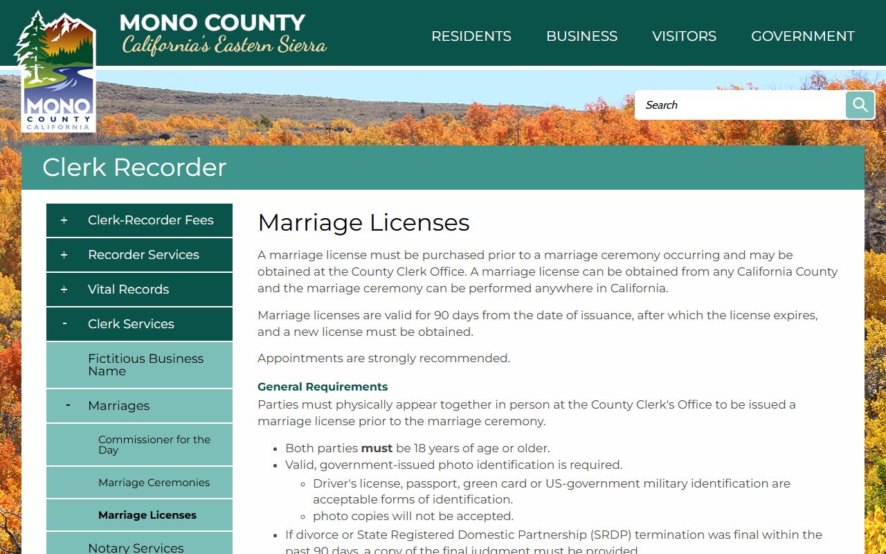 Mono County Clerk marriage license application information and requirements page