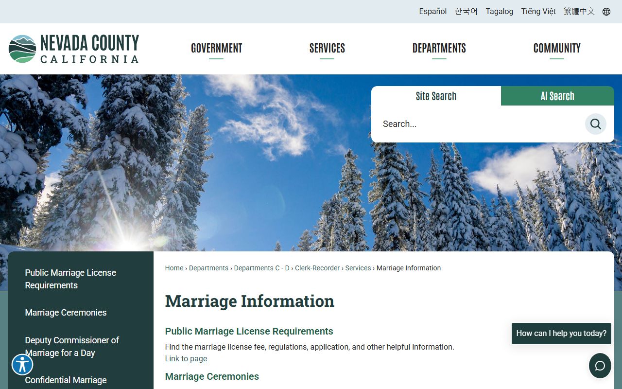 Nevada County Clerk marriage information page