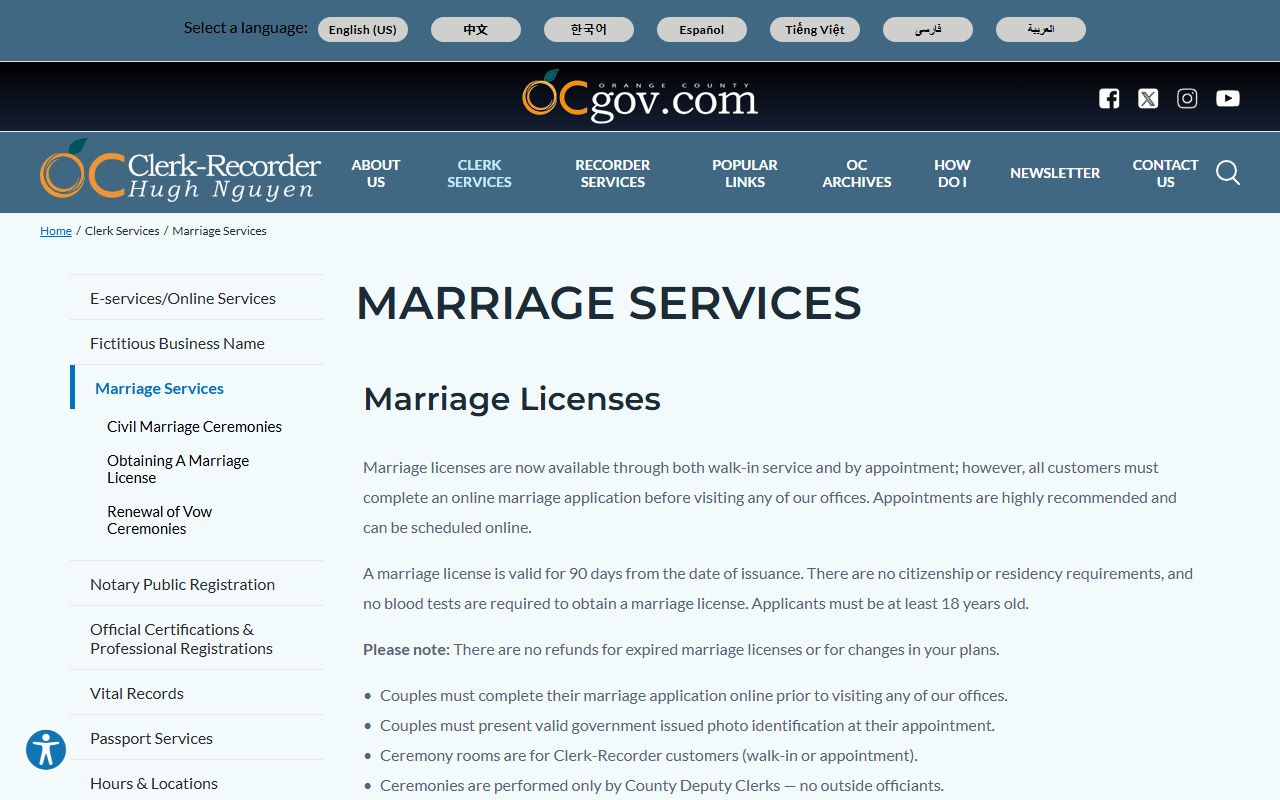 Orange County Recorder marriage services information page
