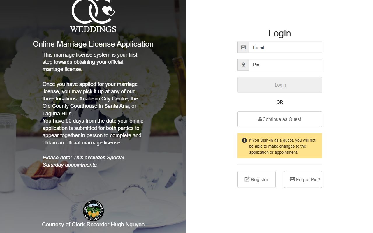 Orange County Recorder online wedding application portal