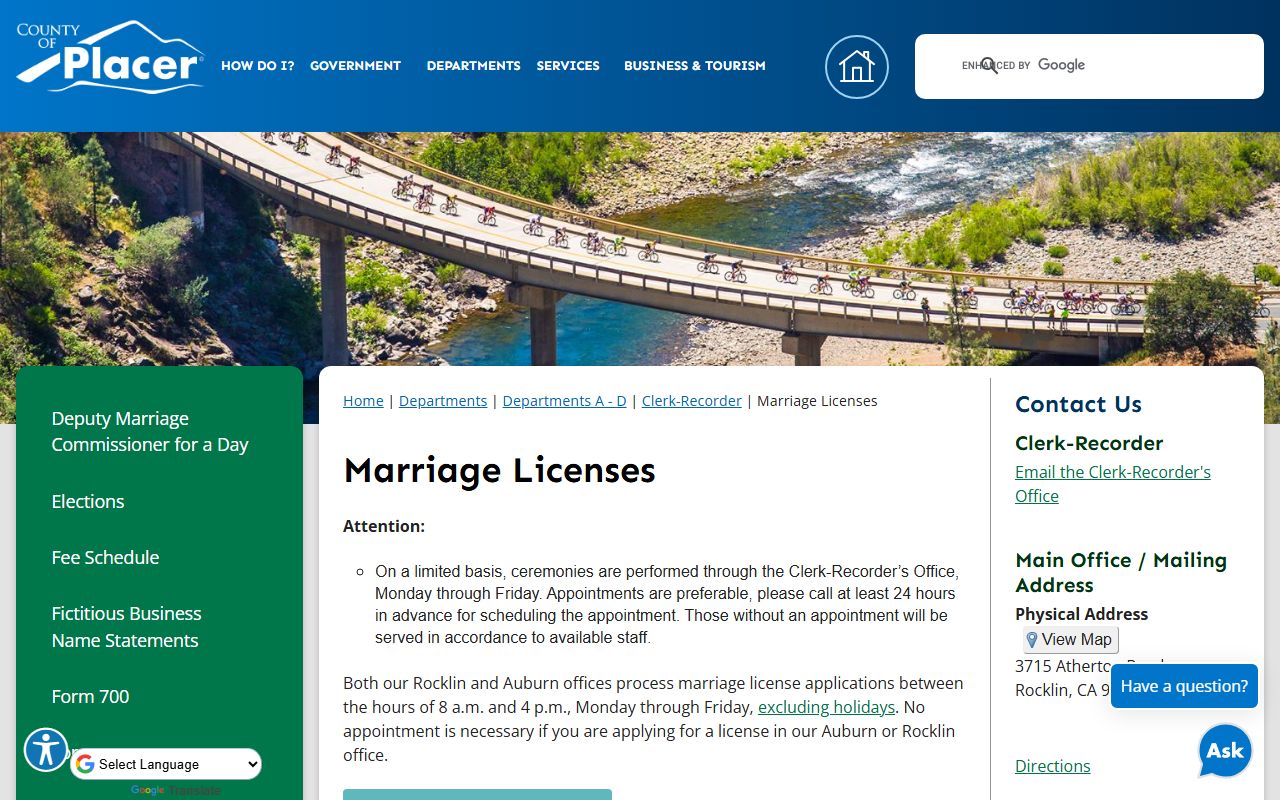 Placer County Clerk marriage license information page