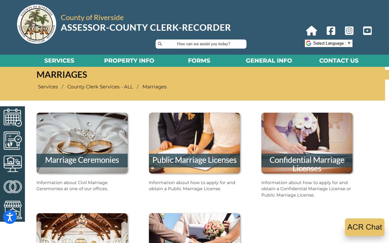 Riverside County Assessor-Clerk-Recorder marriage license landing page