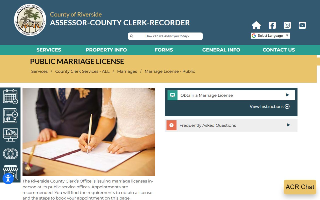 Riverside County Assessor-Clerk-Recorder public marriage license information page
