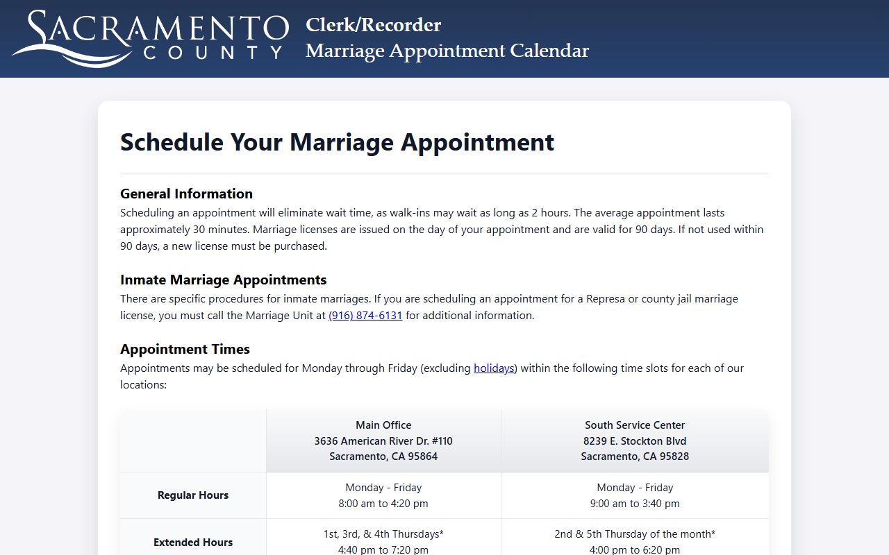 Sacramento County online marriage appointment calendar system