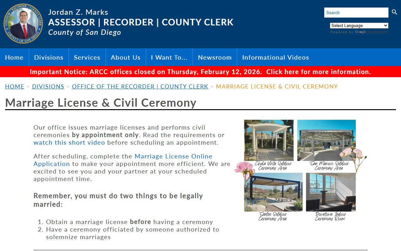 San Diego County Assessor-Recorder-Clerk marriage license information page