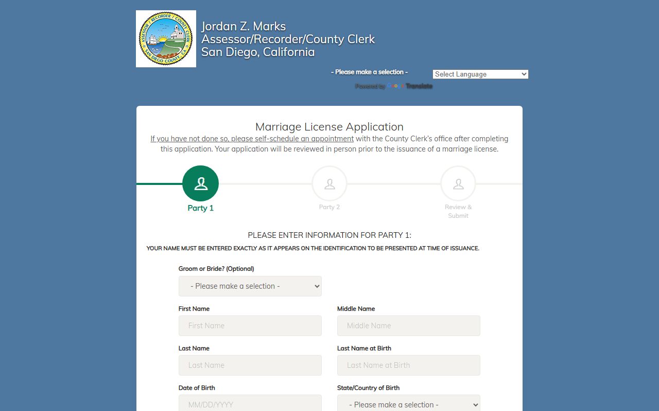 San Diego County online marriage license application system