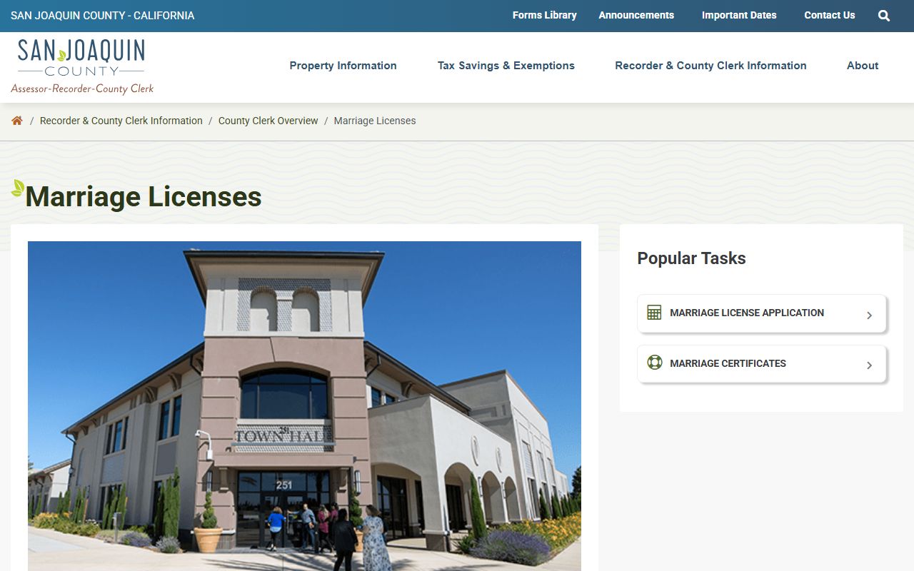 San Joaquin County Assessor-Recorder marriage license information page