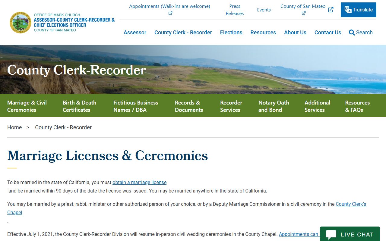 San Mateo County Assessor-County Clerk-Recorder marriage license information page
