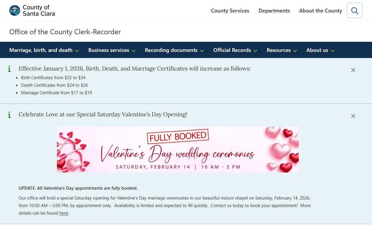 Santa Clara County Clerk-Recorder marriage license application page