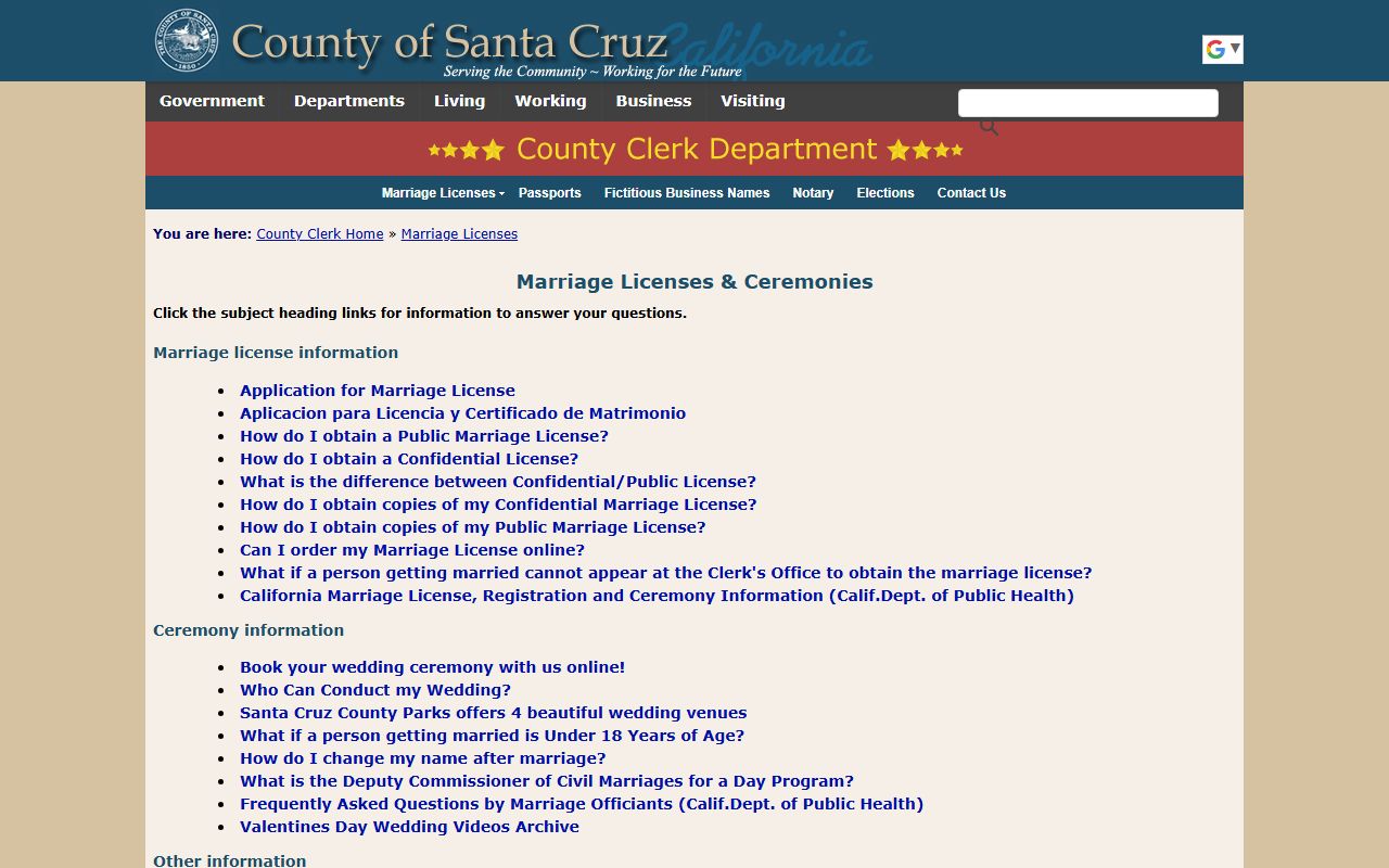 Santa Cruz County Clerk marriage license information page