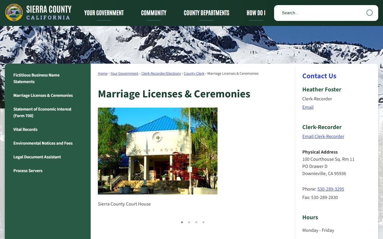 Sierra County Clerk marriage license information page