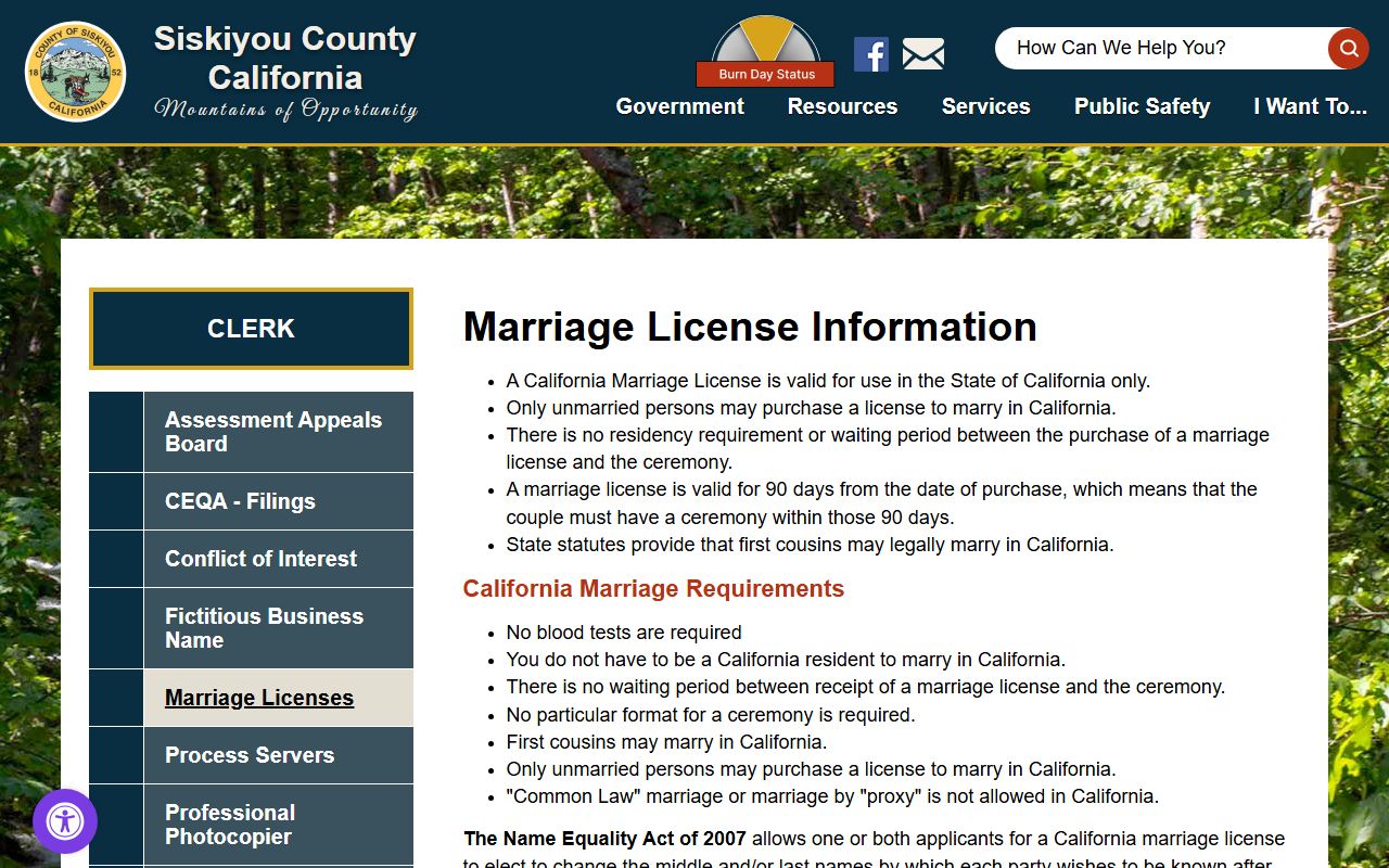 Siskiyou County Clerk marriage license information page