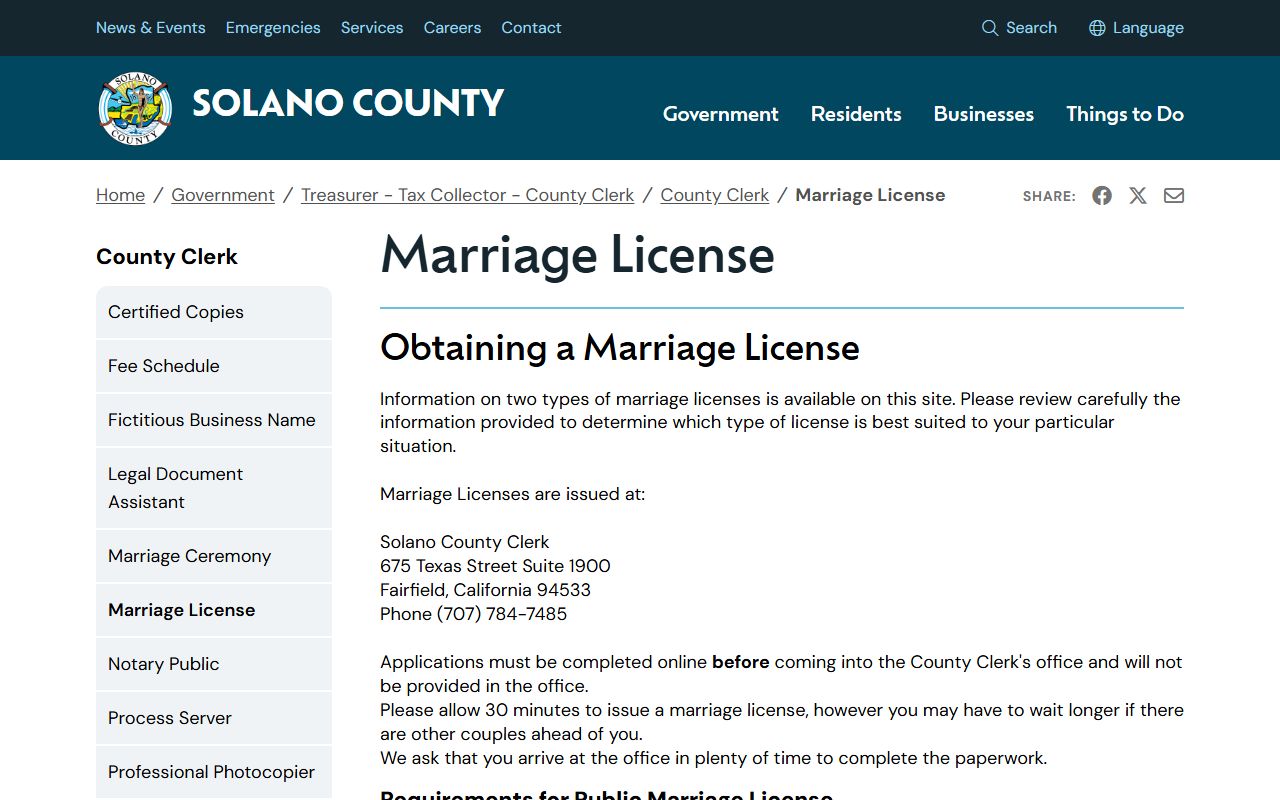 Solano County Clerk marriage license information page