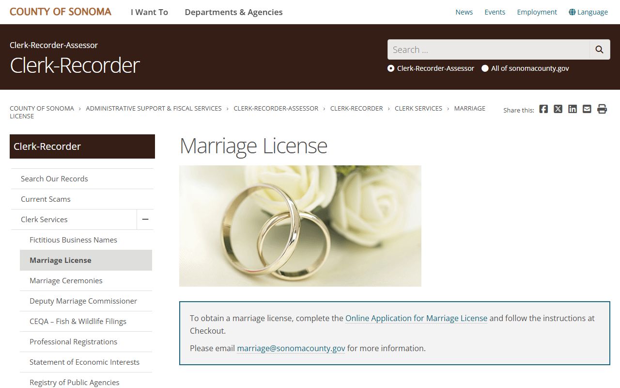 Sonoma County Clerk-Recorder marriage license information page