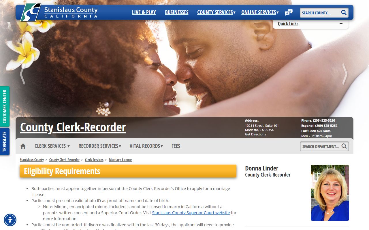 Stanislaus County Clerk-Recorder marriage license information page