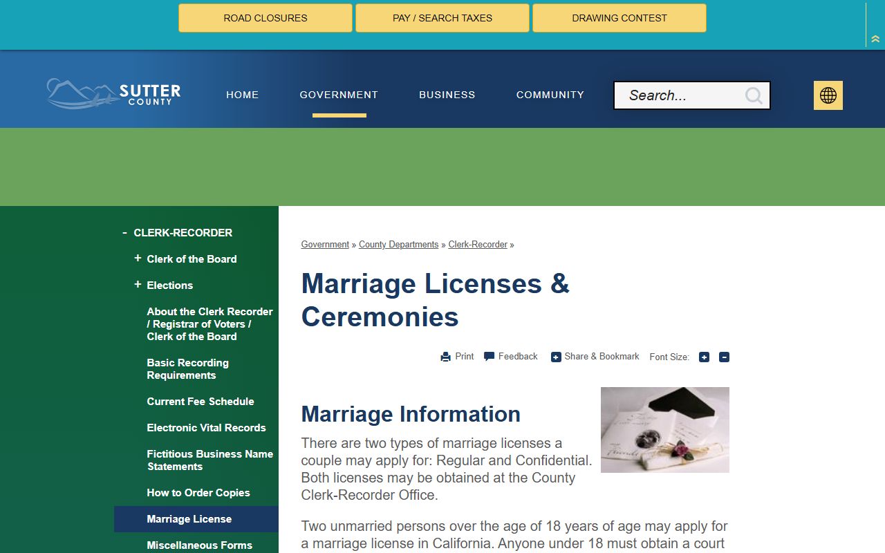 Sutter County Clerk marriage license information page