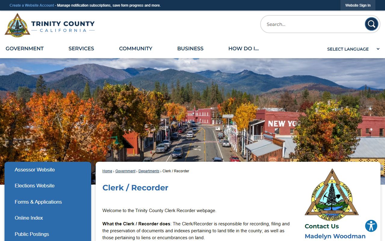 Trinity County Clerk-Recorder office information page