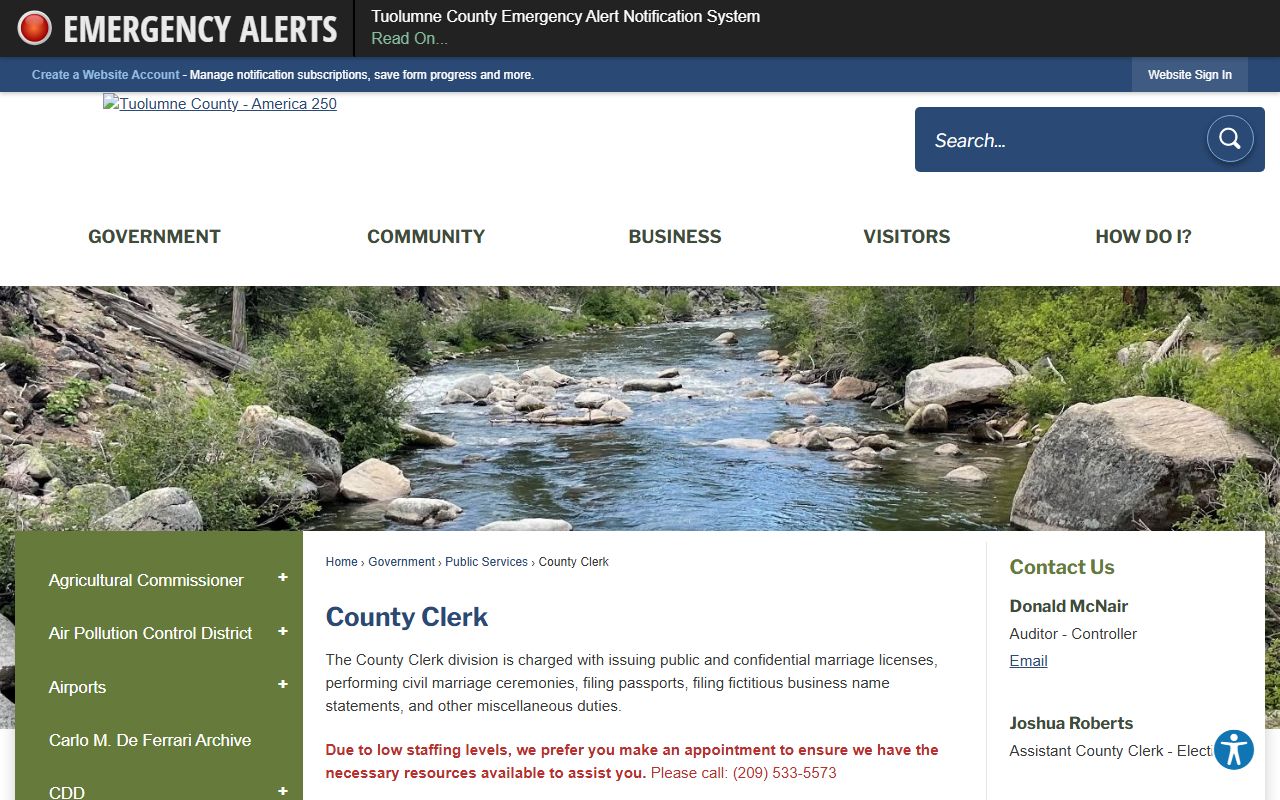 Tuolumne County Clerk office information page with marriage license details