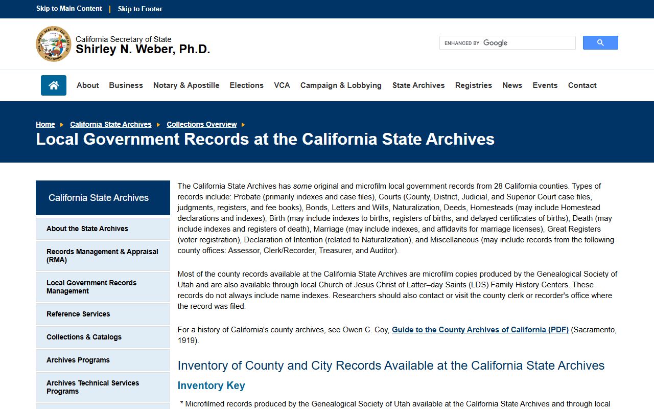 California State Archives collections page for county and city records