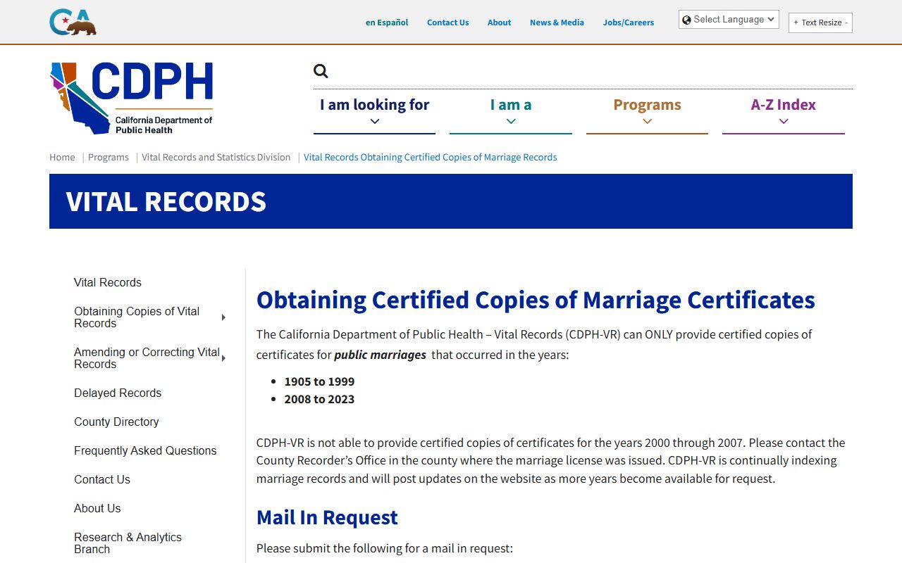 California Department of Public Health marriage records information page