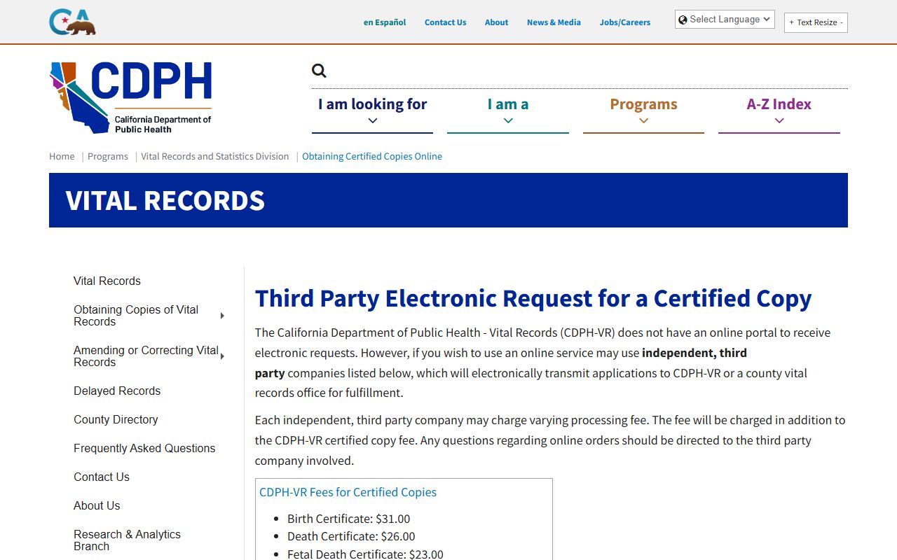 California Department of Public Health online ordering information for marriage certificates