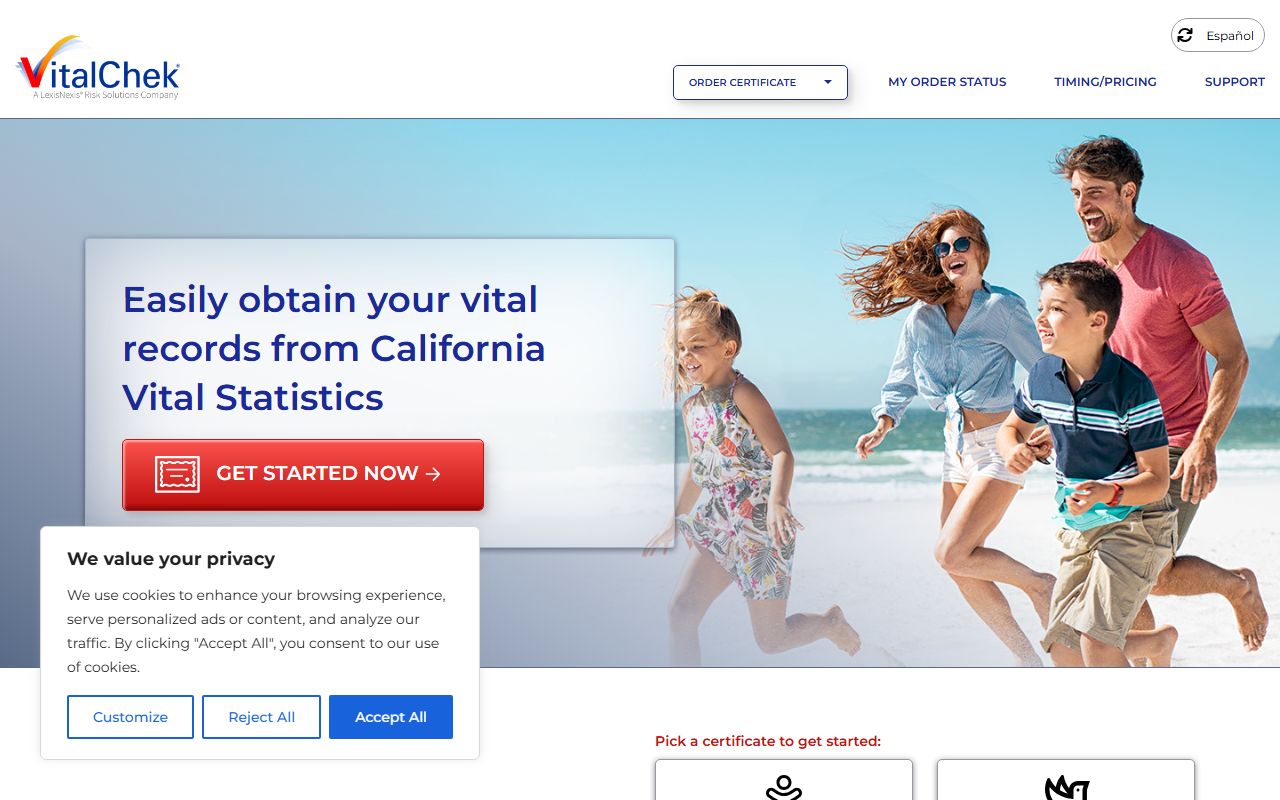 VitalChek portal for ordering California marriage certificates online